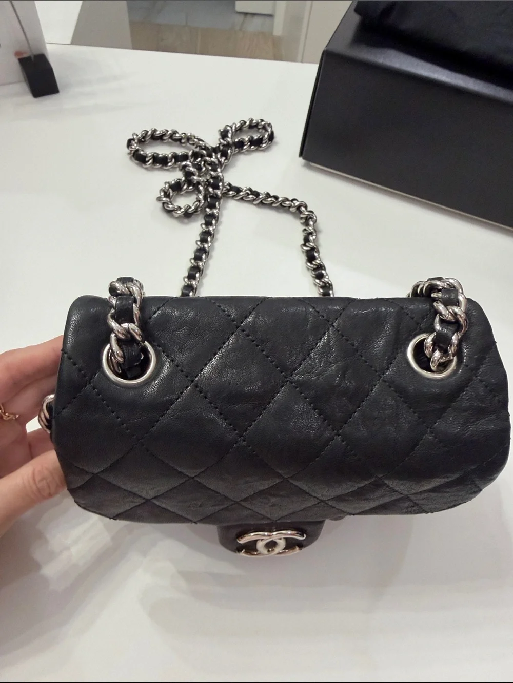 CHANEL Black Quilted leather chain around Crossbody with Silver CC Chain